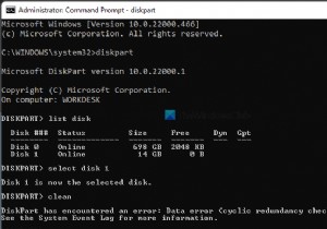 DiskPart error, Data error cyclic redundancy check