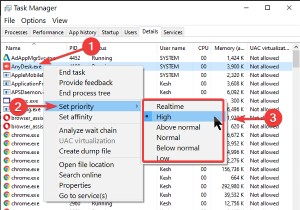 Change Process Priority for running processes using Command line